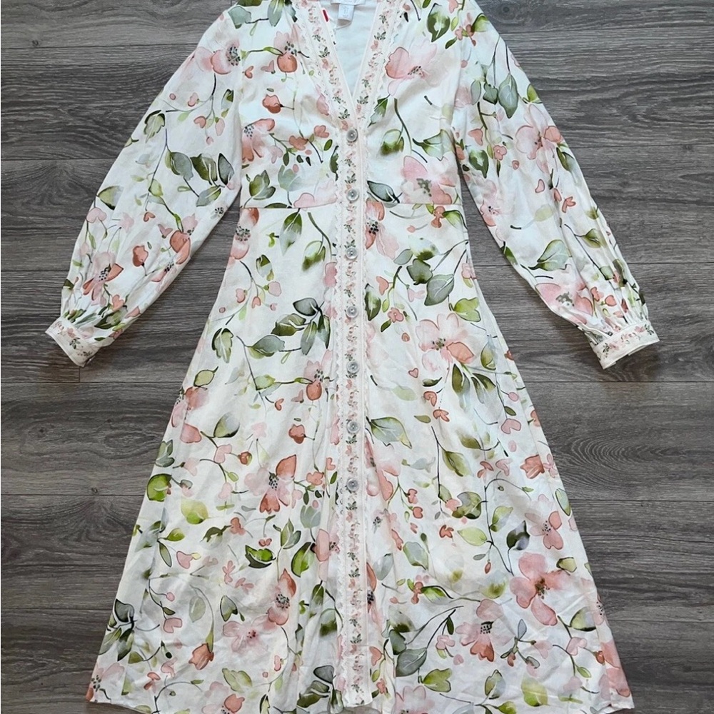 Caroline Constas Pink and Green Floral Long Sleeve Dress